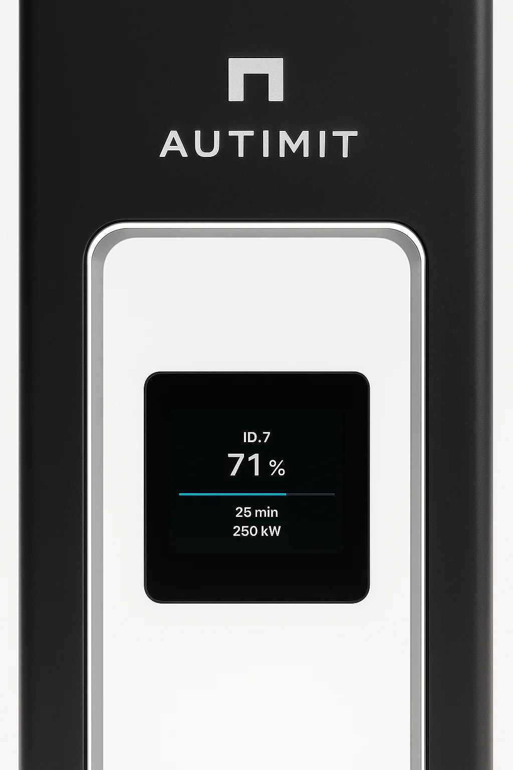 Close view of the station face, with the AUTIMIT mark above a screen showing charge status.