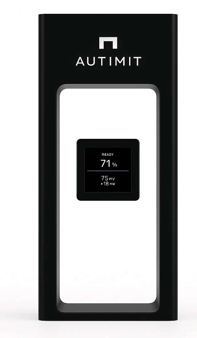 Front view of the AUTIMIT charging station prototype, a tall black unit with the arch mark and a status screen.